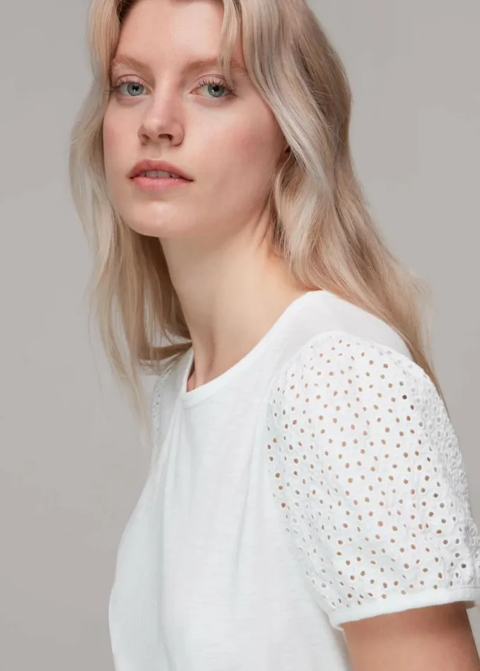 Whistles Broderie Puff Sleeve TShirt White Women Tops