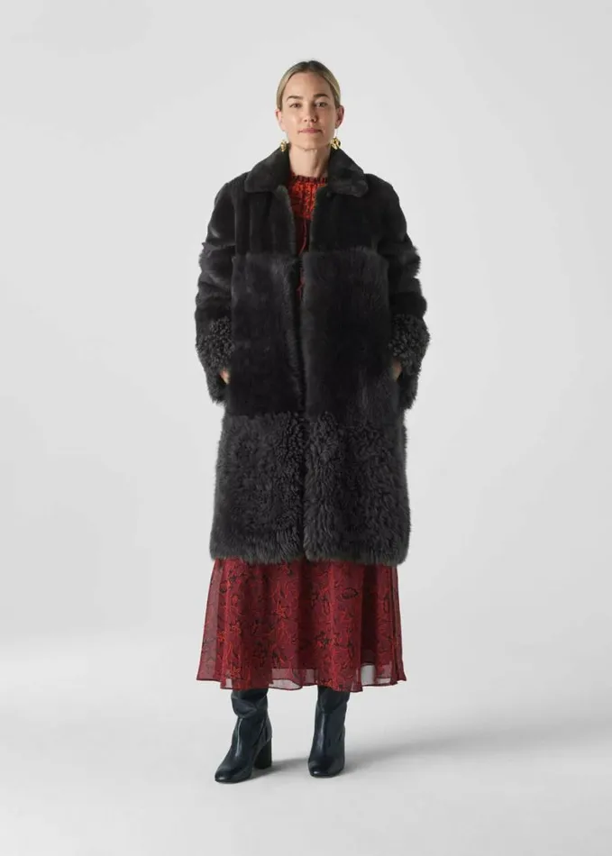 Whistles Cosma Shearling Coat Grey Women Coats and Jackets