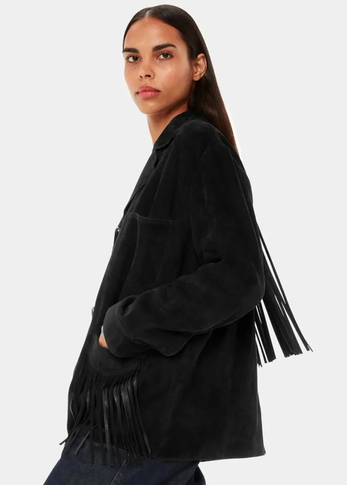 Whistles Lani Tassel Suede Jacket Black Women Coats and Jackets