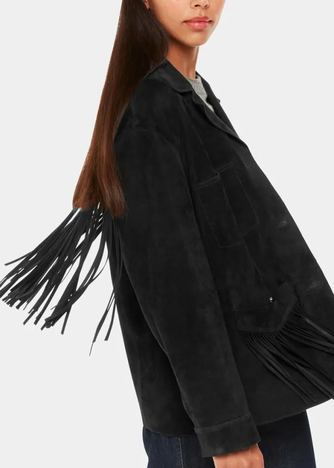 Whistles Lani Tassel Suede Jacket Black Women Coats and Jackets