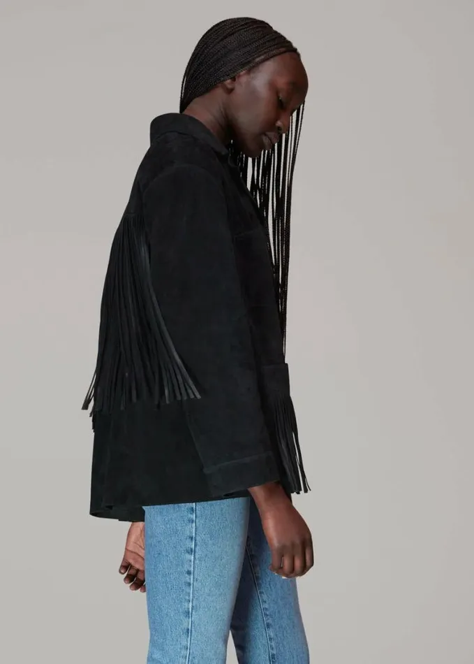 Whistles Lani Tassel Suede Jacket Black Women Coats and Jackets
