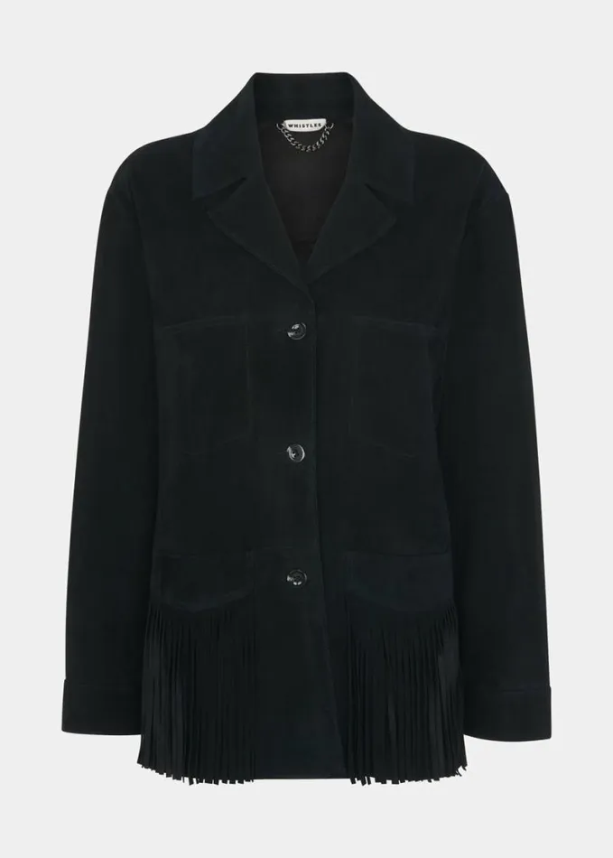 Whistles Lani Tassel Suede Jacket Black Women Coats and Jackets