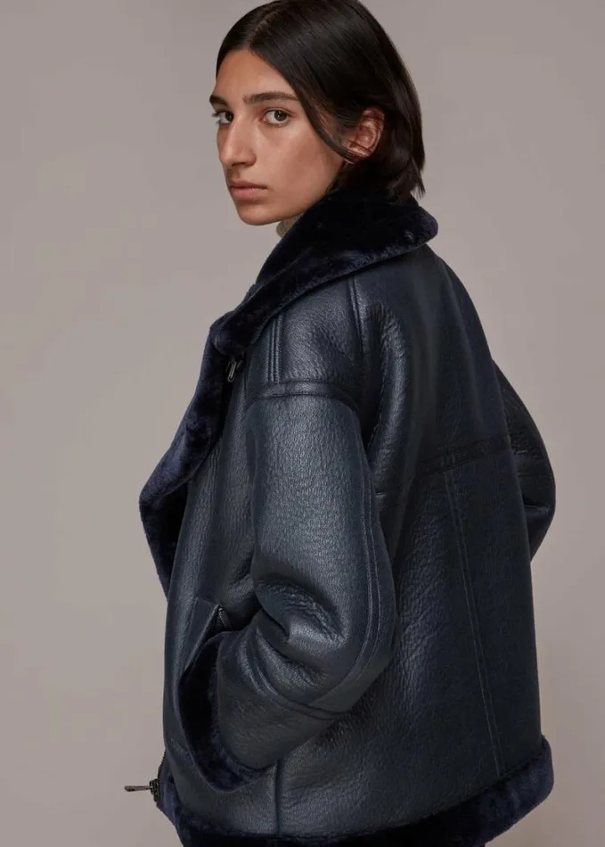 Whistles Lauren Faux Fur Biker Navy Women Coats and Jackets