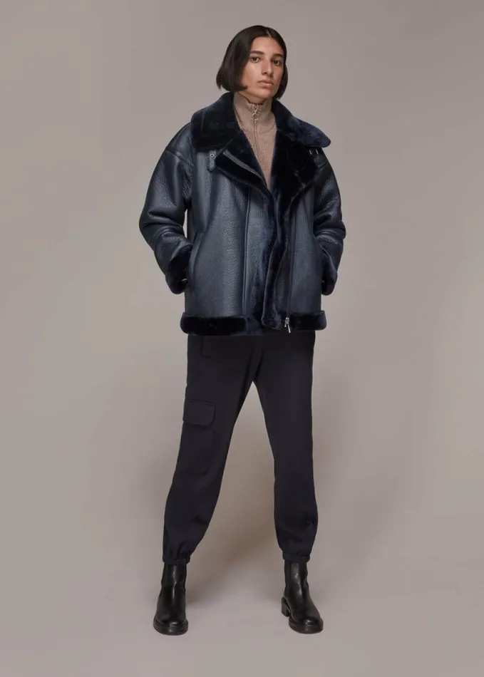 Whistles Lauren Faux Fur Biker Navy Women Coats and Jackets
