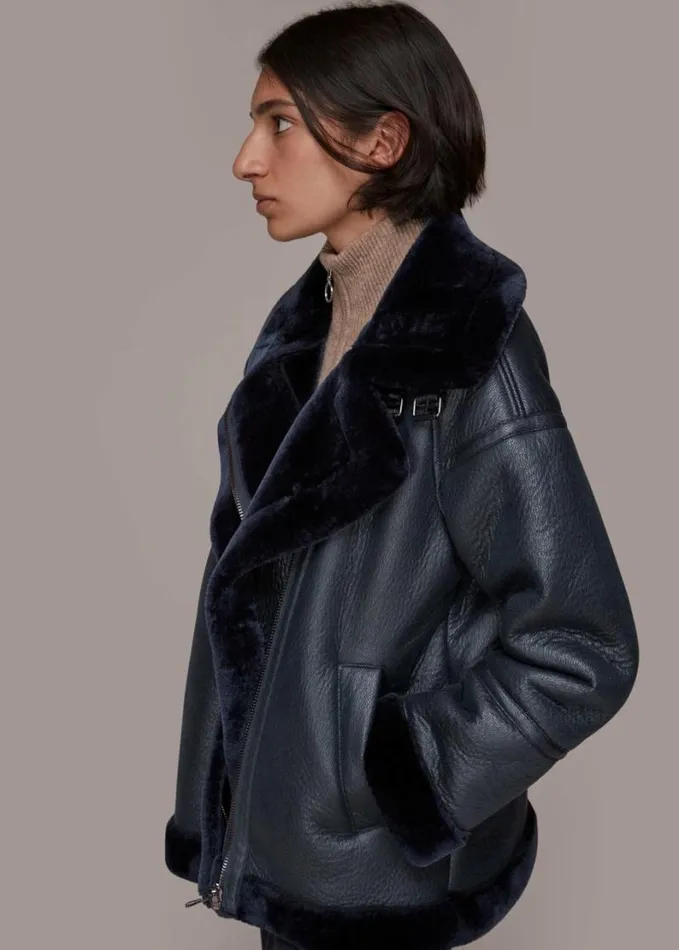 Whistles Lauren Faux Fur Biker Navy Women Coats and Jackets