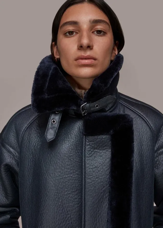 Whistles Lauren Faux Fur Biker Navy Women Coats and Jackets