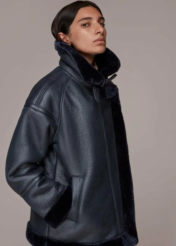 Whistles Lauren Faux Fur Biker Navy Women Coats and Jackets