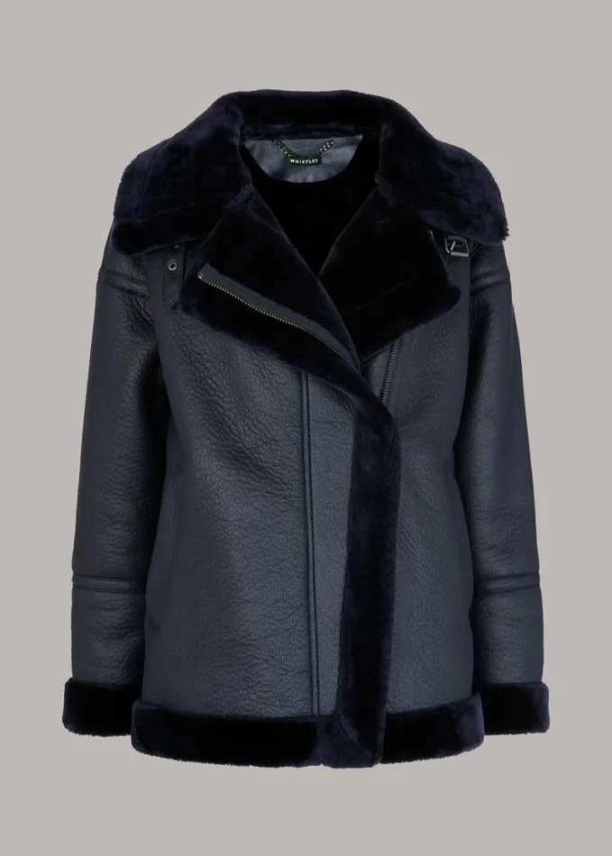 Whistles Lauren Faux Fur Biker Navy Women Coats and Jackets