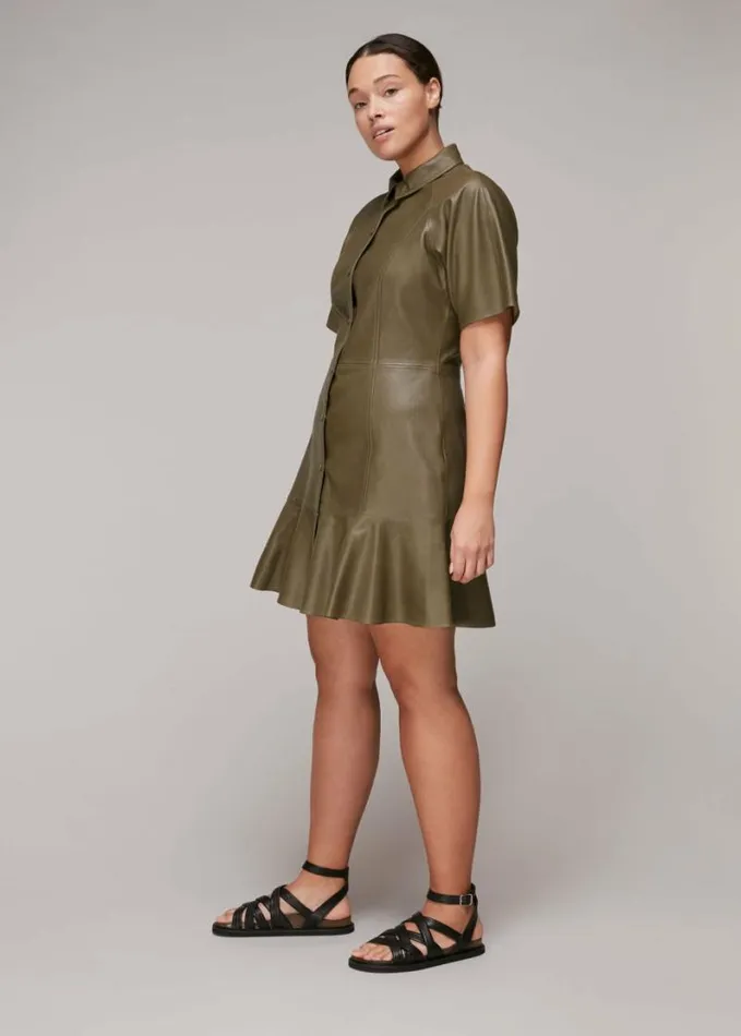 Whistles Leather Mini Dress Khaki Women Dresses