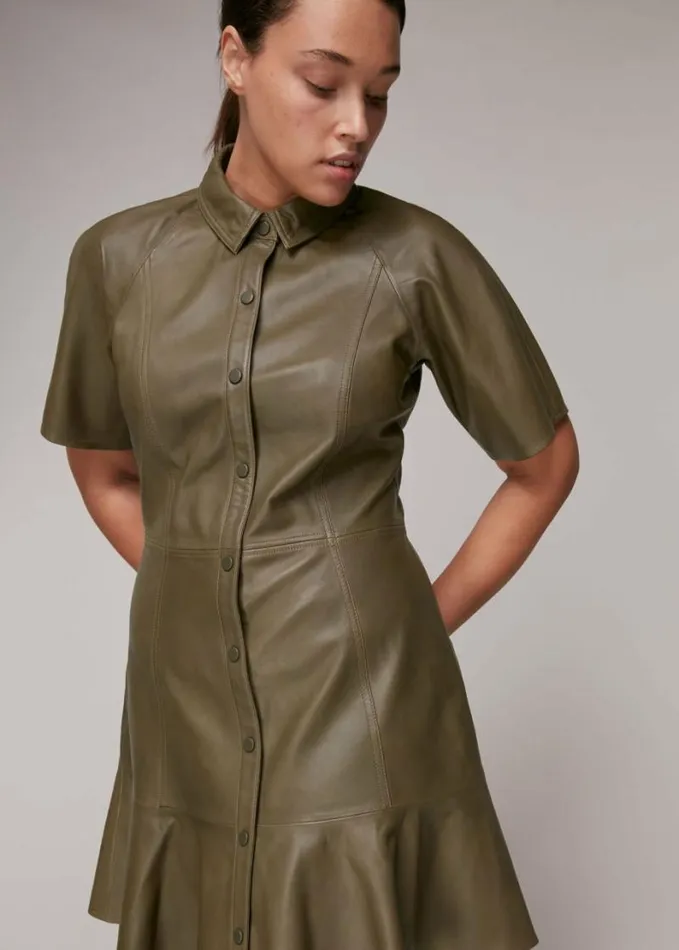Whistles Leather Mini Dress Khaki Women Dresses