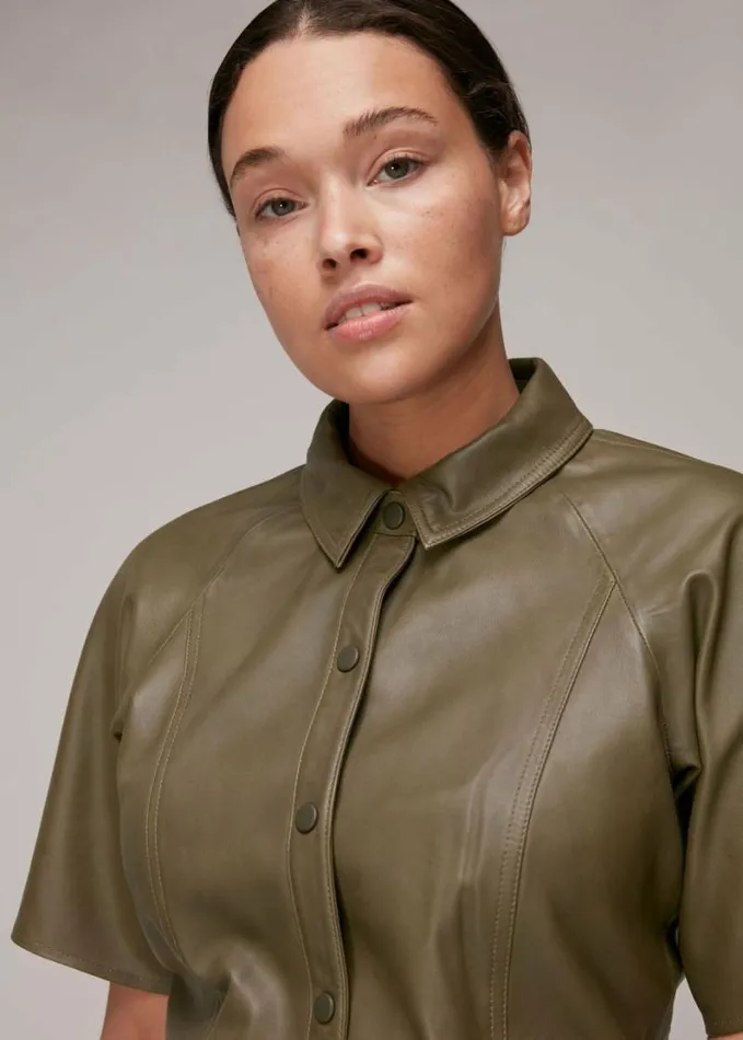 Whistles Leather Mini Dress Khaki Women Dresses
