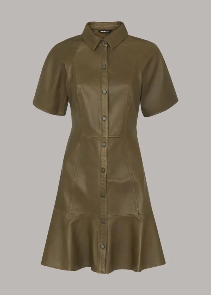 Whistles Leather Mini Dress Khaki Women Dresses