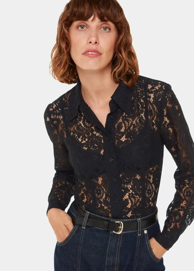 Whistles Lucy Seam Detail Lace Shirt Black Women Tops