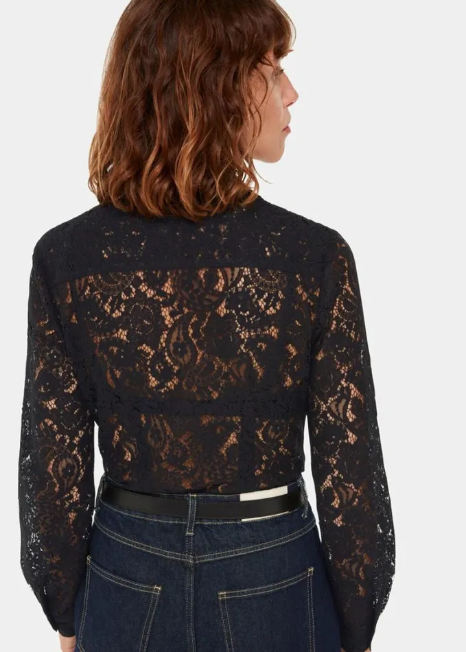 Whistles Lucy Seam Detail Lace Shirt Black Women Tops