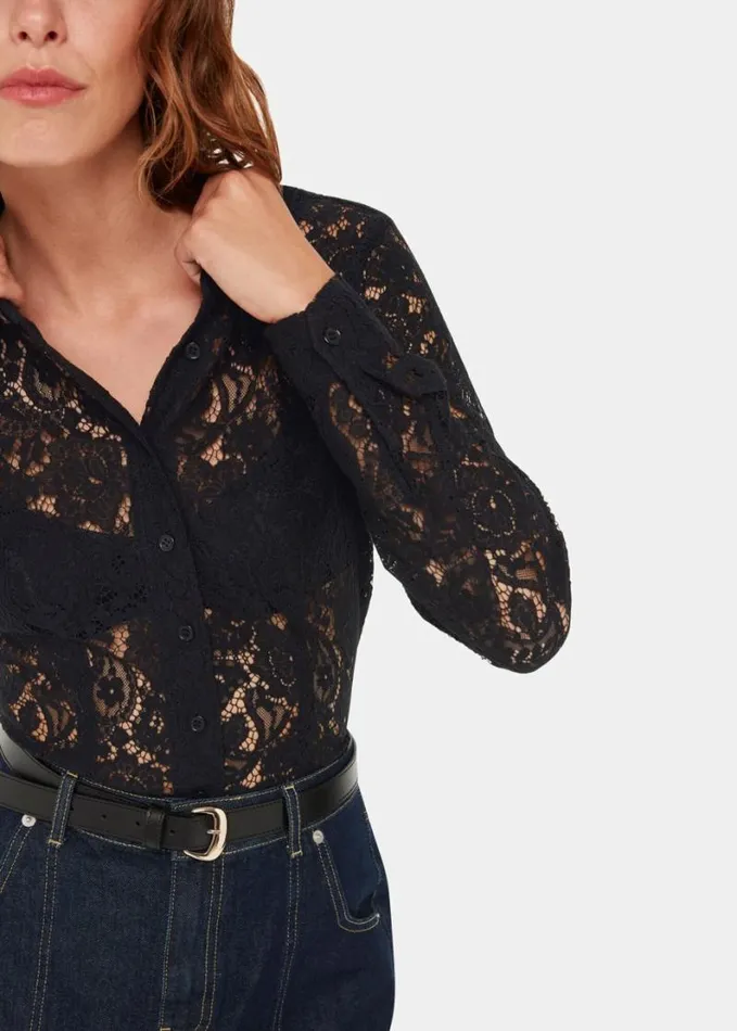 Whistles Lucy Seam Detail Lace Shirt Black Women Tops