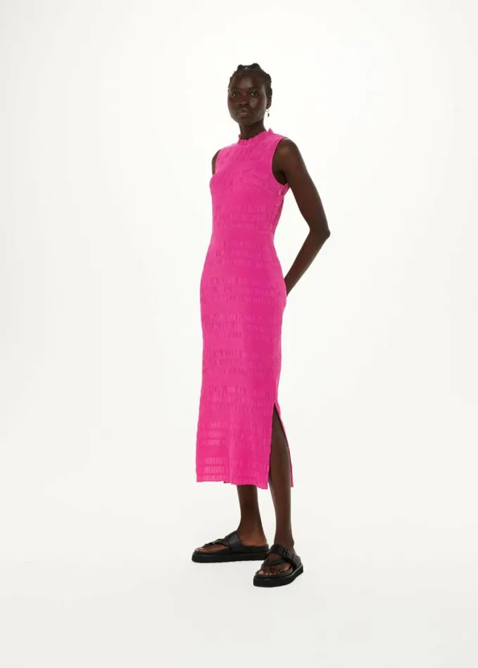 Whistles Maya Plisse Midi Dress Pink Women Dresses