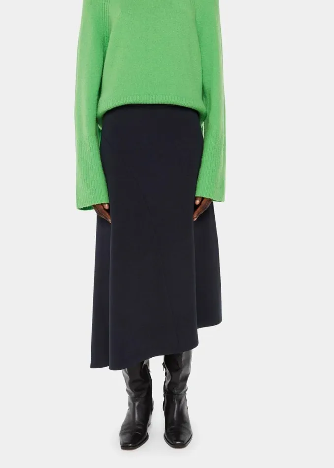 Whistles Ottoman Rib Curved Hem Skirt Navy Women Skirts