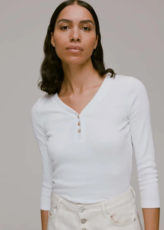 Whistles Paiton Ribbed Button Front Top White Women Tops