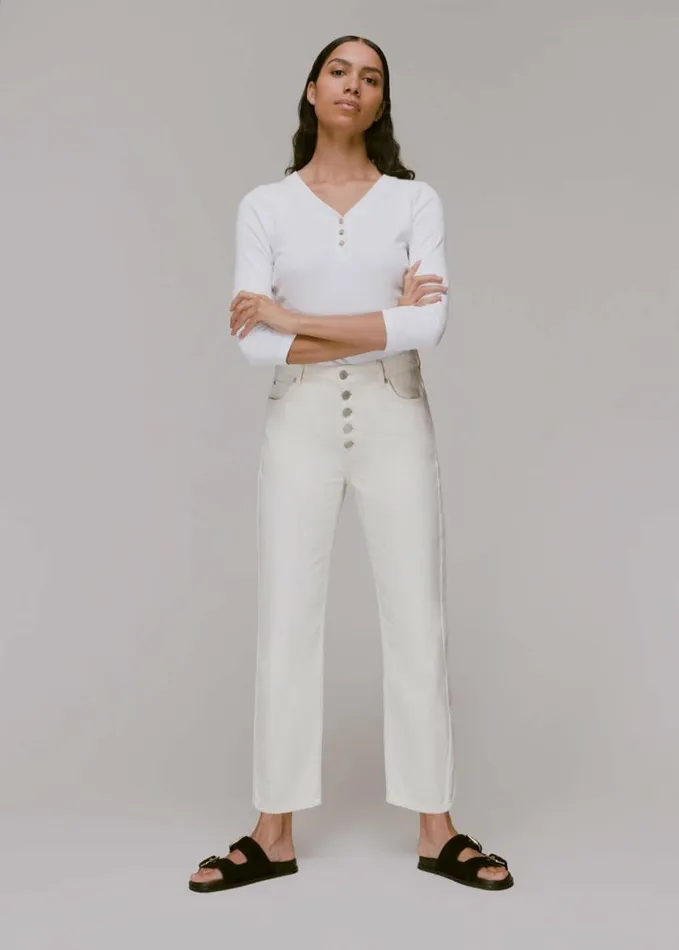 Whistles Paiton Ribbed Button Front Top White Women Tops