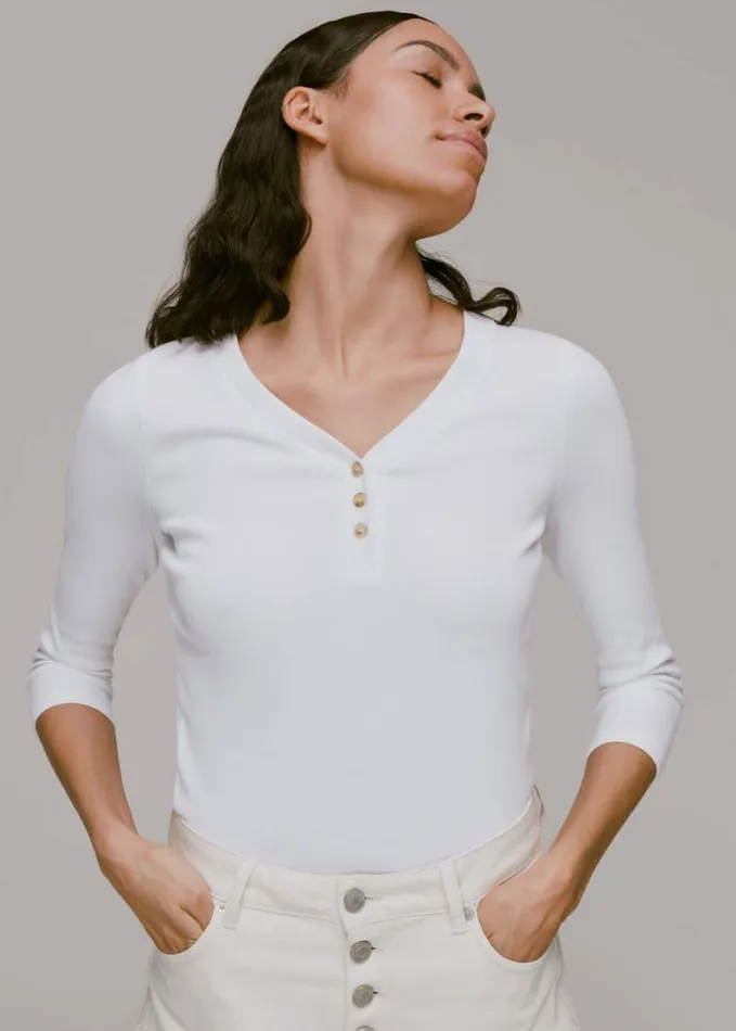 Whistles Paiton Ribbed Button Front Top White Women Tops
