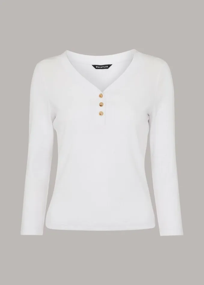 Whistles Paiton Ribbed Button Front Top White Women Tops