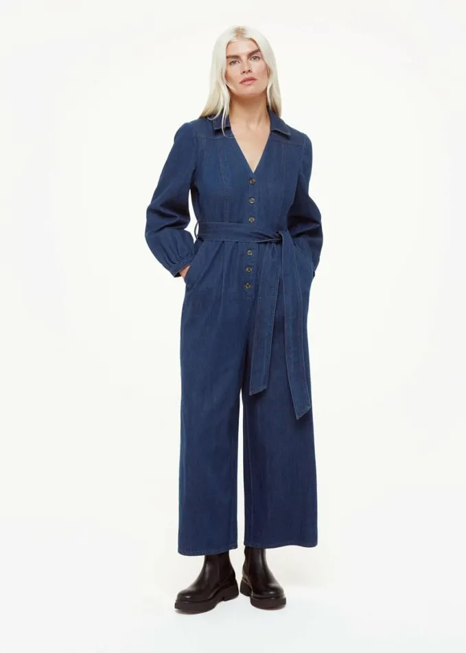 Whistles Petite Joni Denim Belted Jumpsuit Denim Women Petite Dresses and Jumpsuits