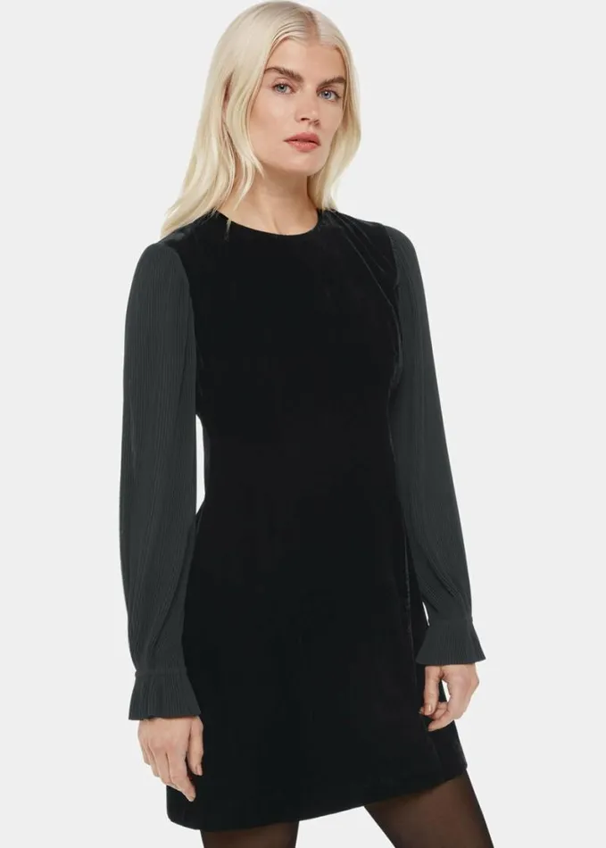 Whistles Petite Velvet Pleat Sleeve Mini Dress Black Women Petite Dresses and Jumpsuits