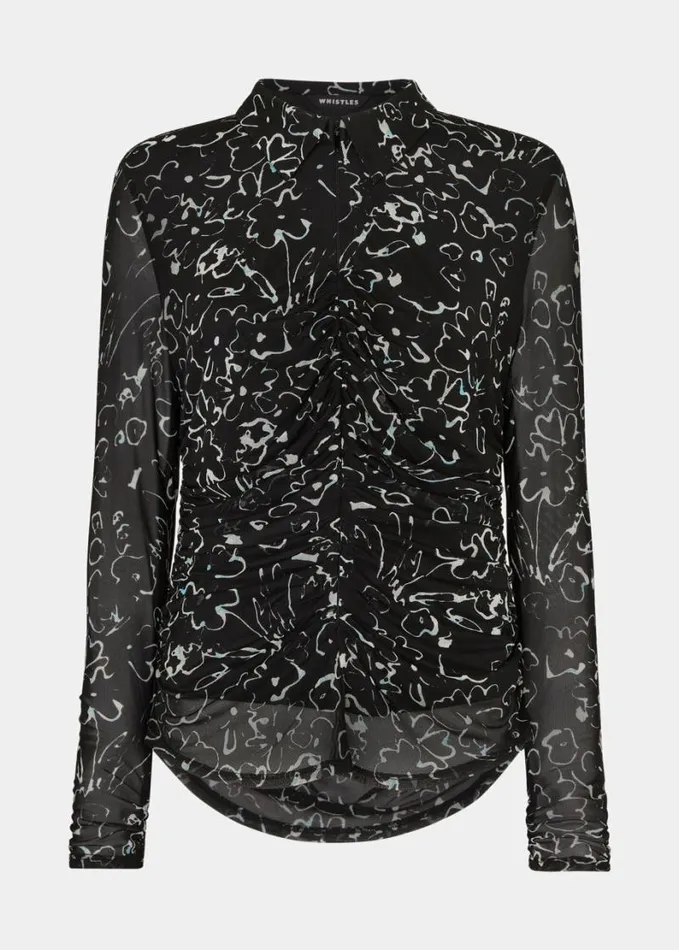 Whistles Scribble Bouquet Ruched Top Blackmulti Women Tops