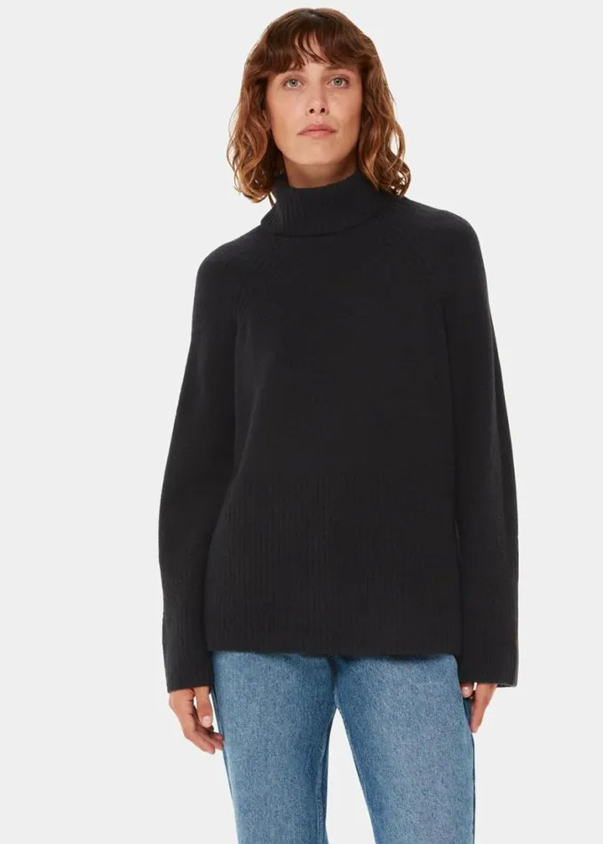 Whistles Textured Rib Detail Roll Neck Black Women Sweaters and Cashmere
