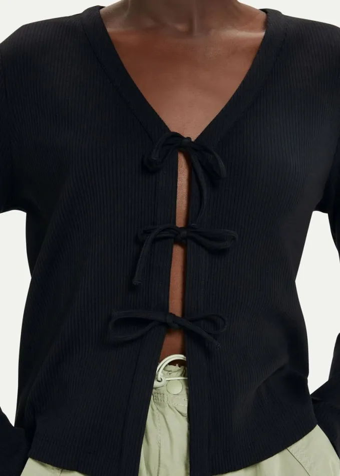 Whistles Tie Front Ribbed Cardigan Black Women Tops