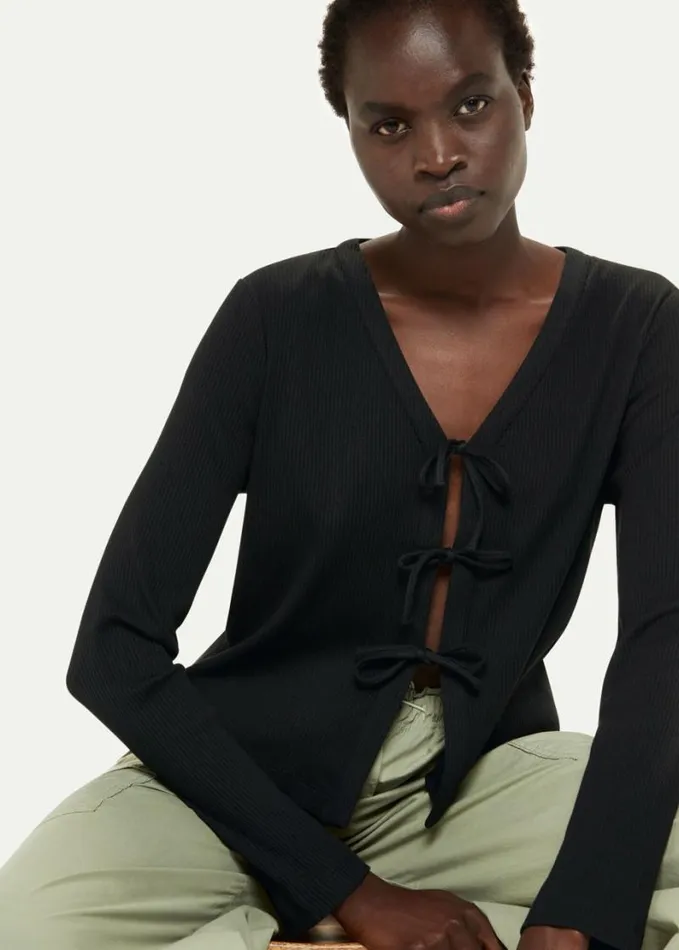 Whistles Tie Front Ribbed Cardigan Black Women Tops