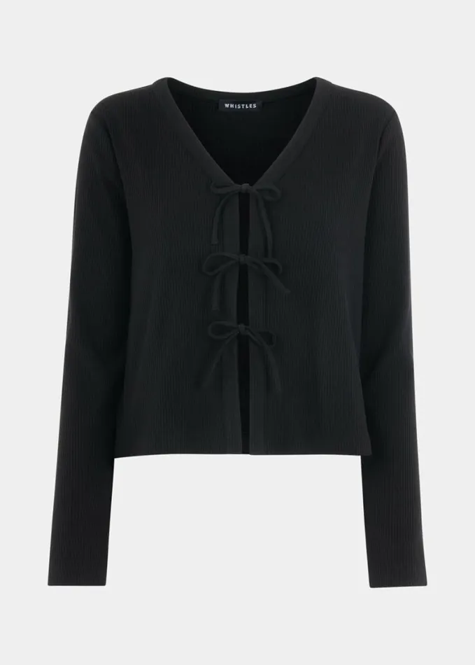 Whistles Tie Front Ribbed Cardigan Black Women Tops