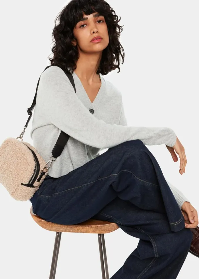 Whistles Wool Cropped V Neck Cardigan Grey Women Sweaters and Cashmere