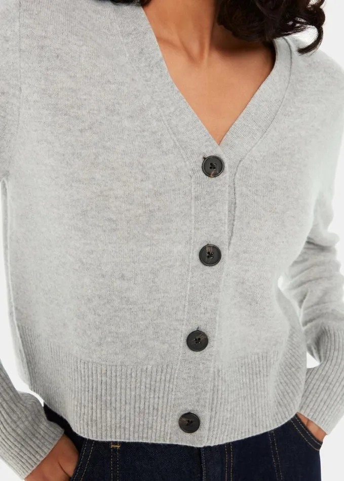 Whistles Wool Cropped V Neck Cardigan Grey Women Sweaters and Cashmere