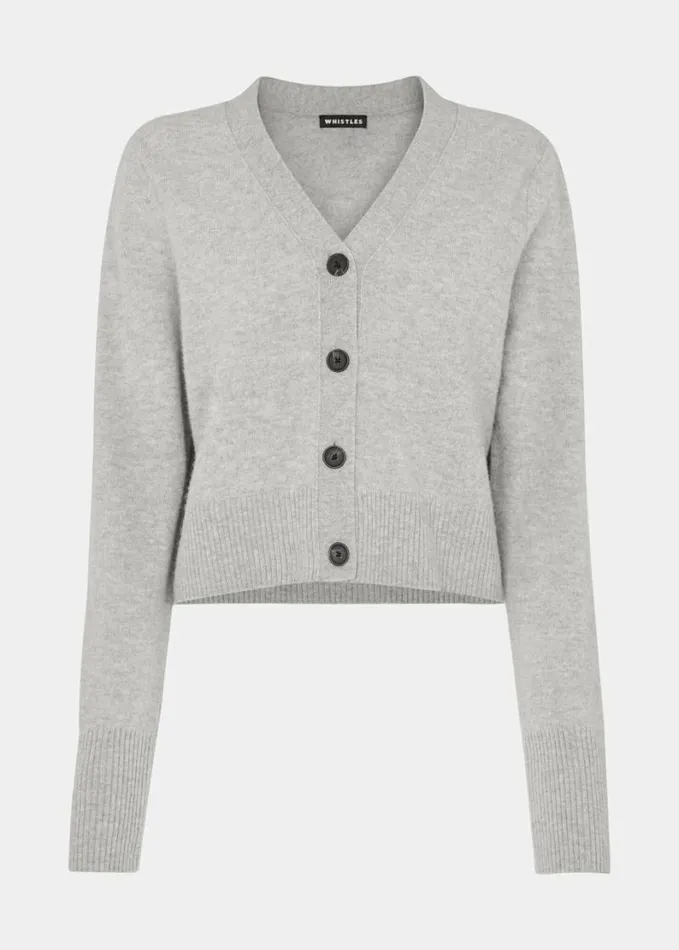 Whistles Wool Cropped V Neck Cardigan Grey Women Sweaters and Cashmere