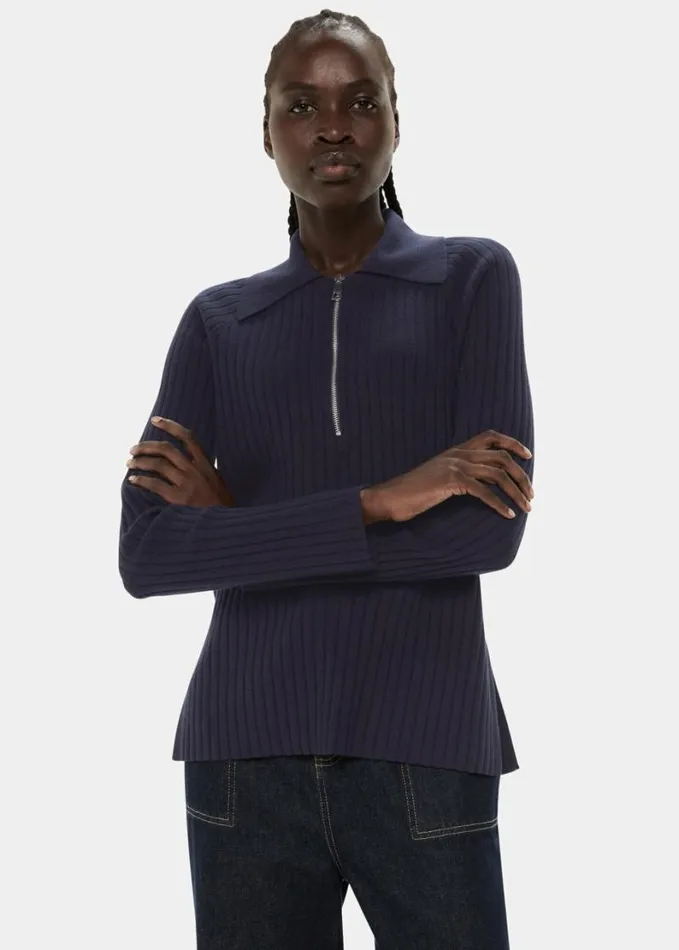 Whistles Zip Polo Knit Navy Women Sweaters and Cashmere