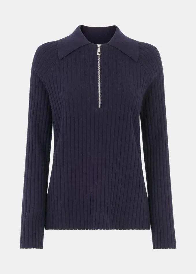 Whistles Zip Polo Knit Navy Women Sweaters and Cashmere