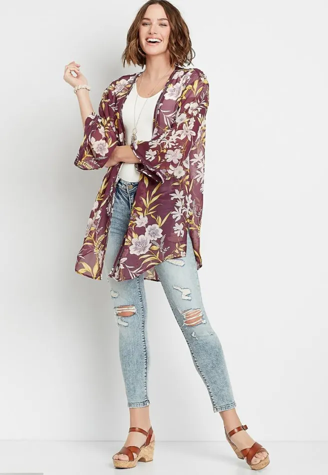 Wine Floral Crochet Trim Open Front Kimono Women Maurices Tops
