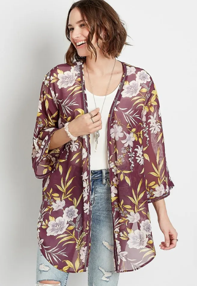 Wine Floral Crochet Trim Open Front Kimono Women Maurices Tops