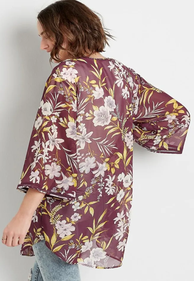 Wine Floral Crochet Trim Open Front Kimono Women Maurices Tops