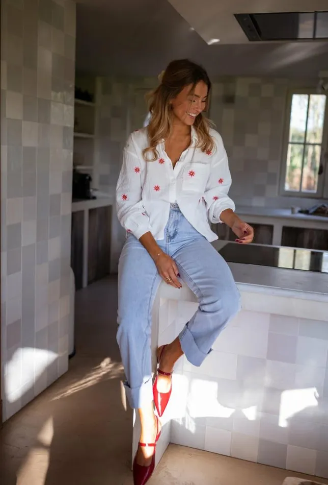 Women039s Clothing Shirts Easy Clothes Ecru Grace Shirt With Red And Pink Floral Pattern