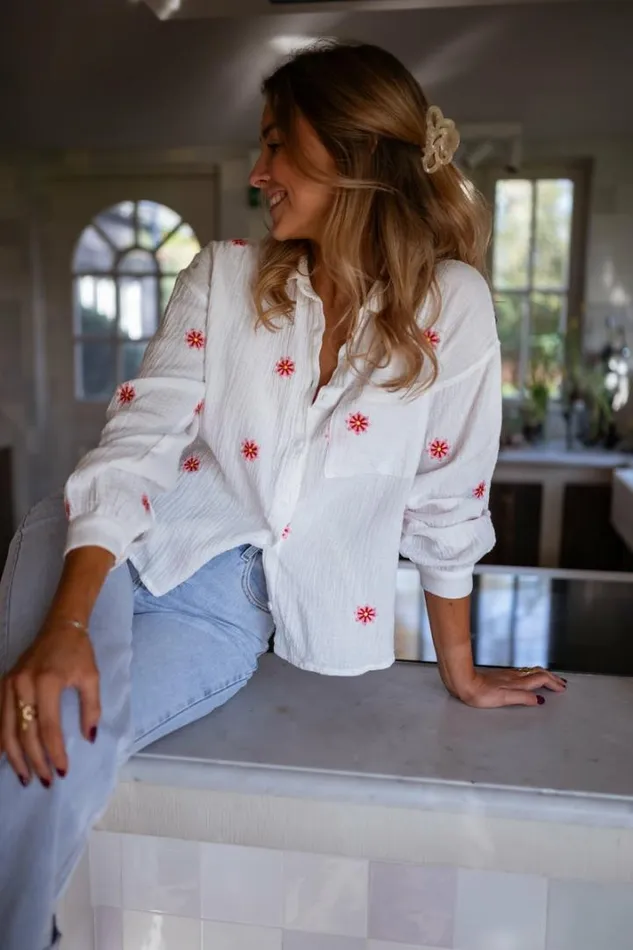 Women039s Clothing Shirts Easy Clothes Ecru Grace Shirt With Red And Pink Floral Pattern