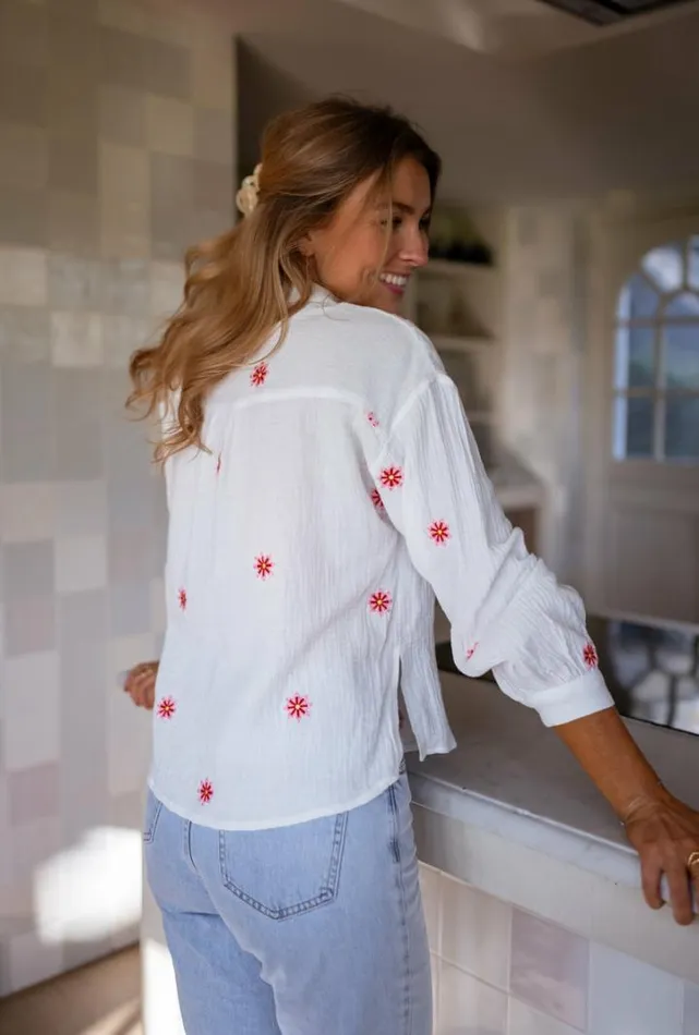 Women039s Clothing Shirts Easy Clothes Ecru Grace Shirt With Red And Pink Floral Pattern