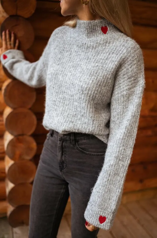 Women039s Clothing Sweaters Easy Clothes Grey Soline Sweater With Hearts Grey