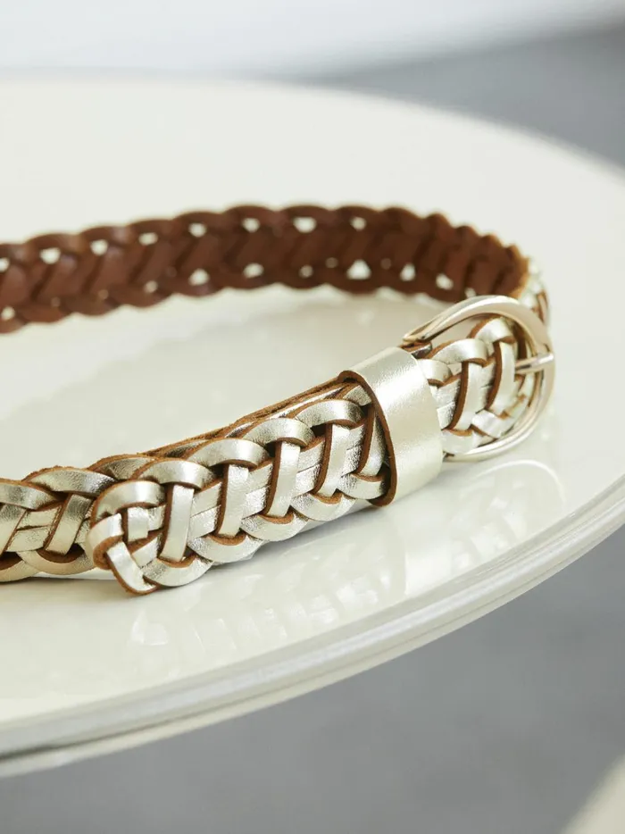 Women Accessories Cyrillus Braided Leather Belt 6467 Jaune Clair Metallis