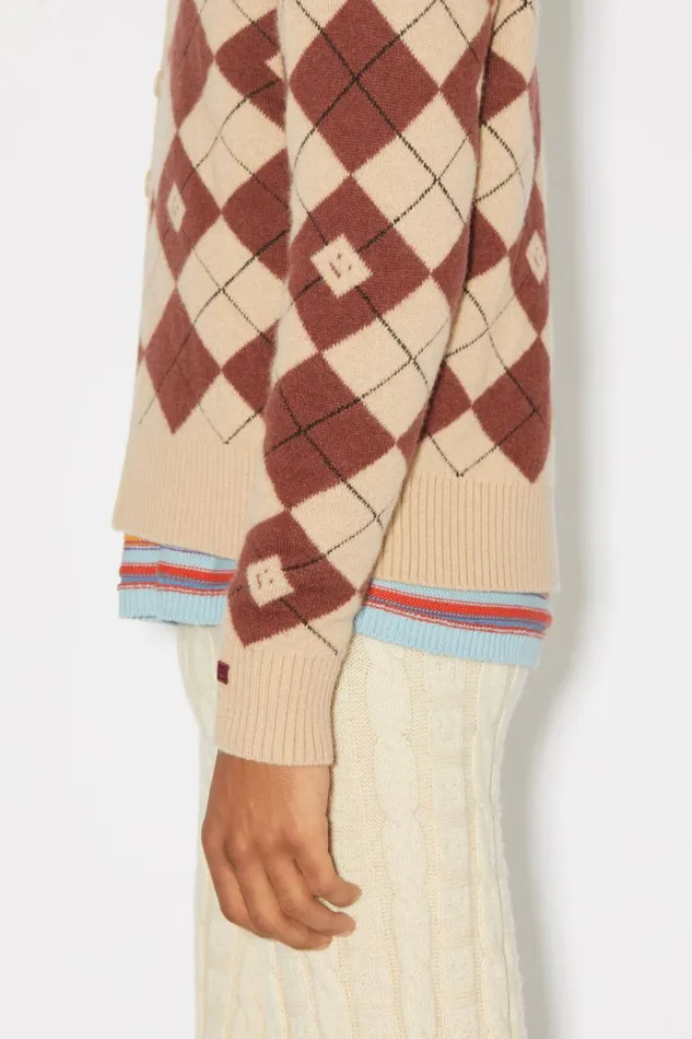 Women Argyle Jacquard Cardigan Biscuit Beigedeep Red Acne Studios Knitwear