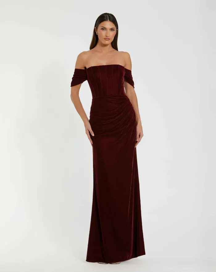 Women Best Sellers Mac Duggal OfftheShoulder Velvet Bustier Gown Wine