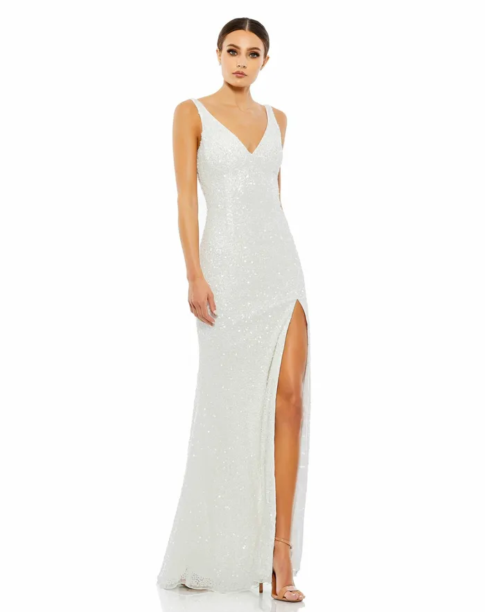 Women Best Sellers Mac Duggal White Sequined Sleeveless V Neck Side Slit Gown Ivory