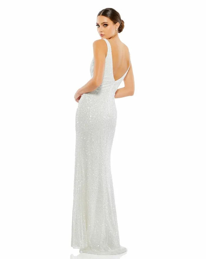 Women Best Sellers Mac Duggal White Sequined Sleeveless V Neck Side Slit Gown Ivory