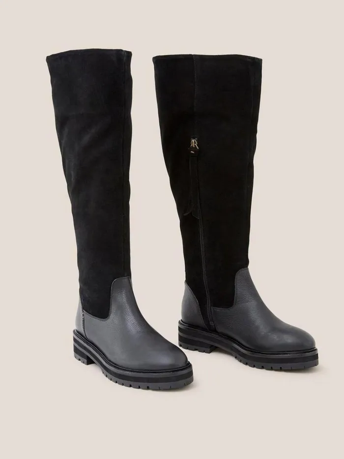 Women BOOTS White Stuff Enya Leather Fur Knee Boot Pure Black